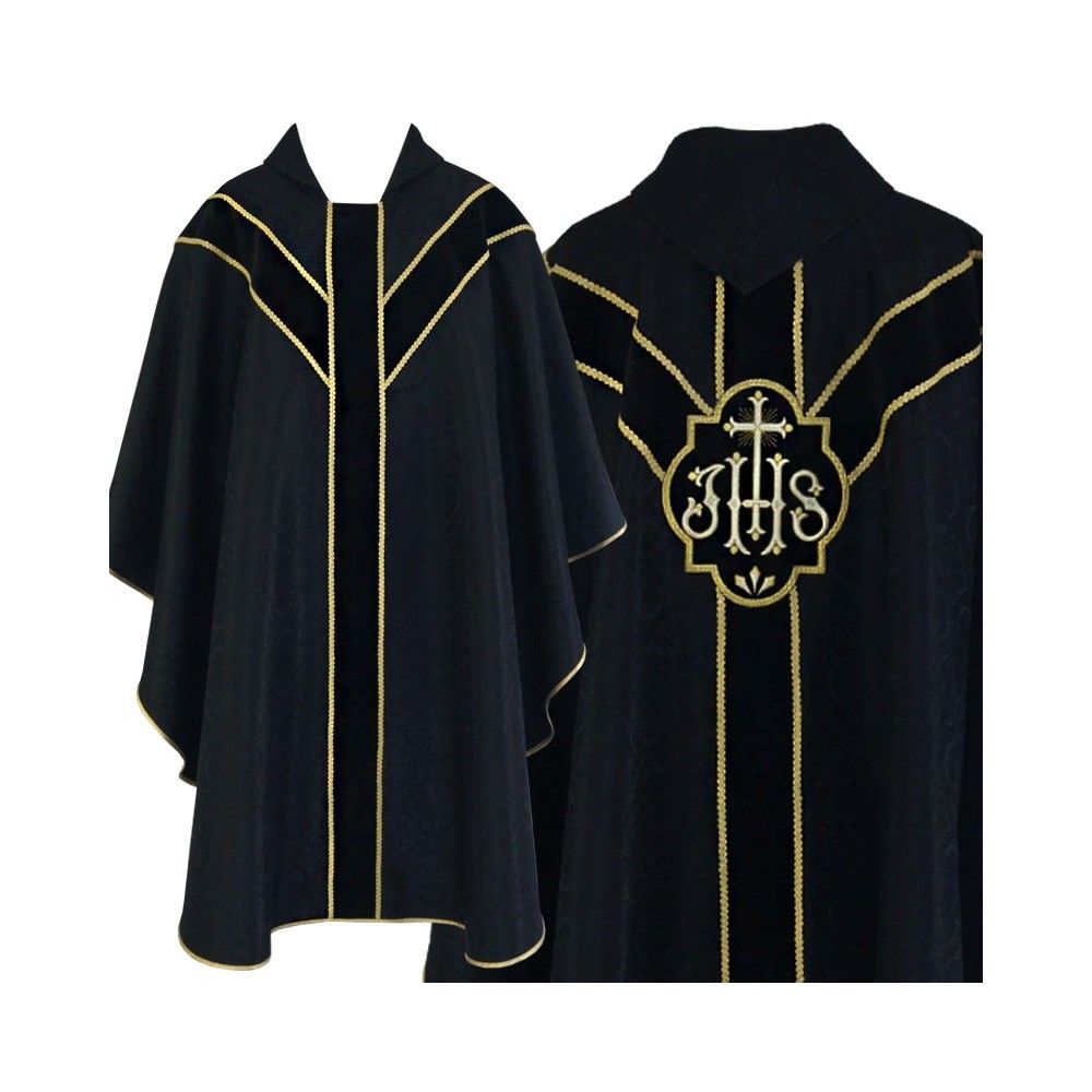 Ornat semi gotycki + stuła, kolor czarny, aksamitny pas (64K)