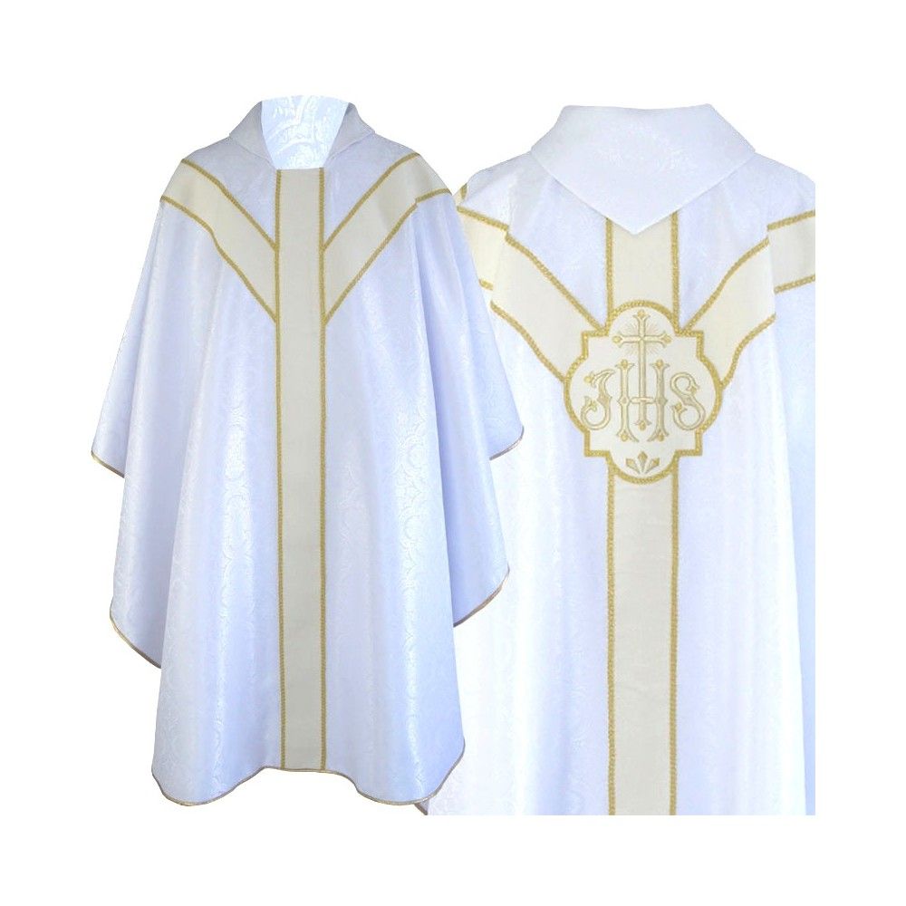 Ornat semi gotycki + stuła, kolor biały, aksamitny pas (65K)