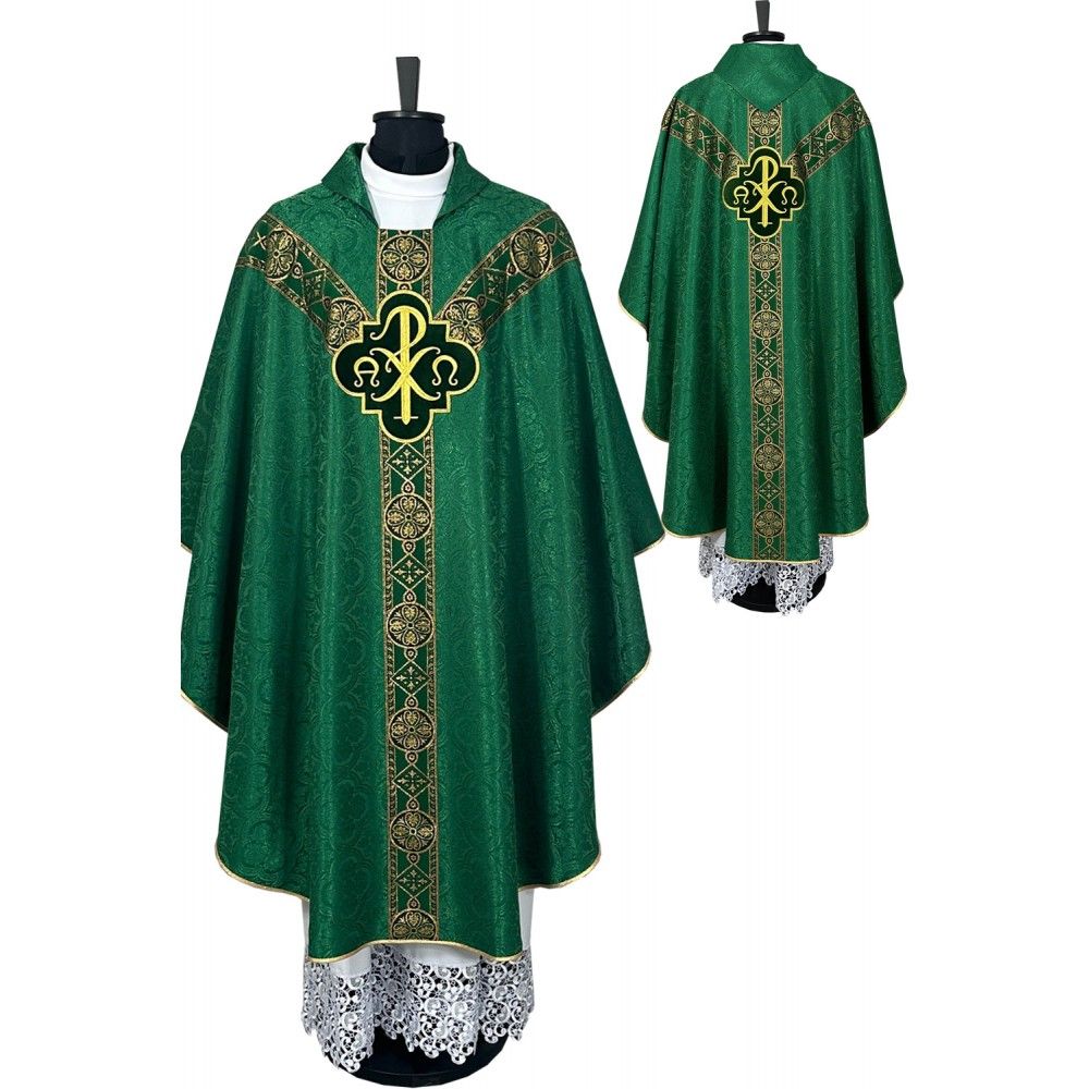 Ornat semi gotycki, zielony, tkanina żakard, pasy tkane (66K)