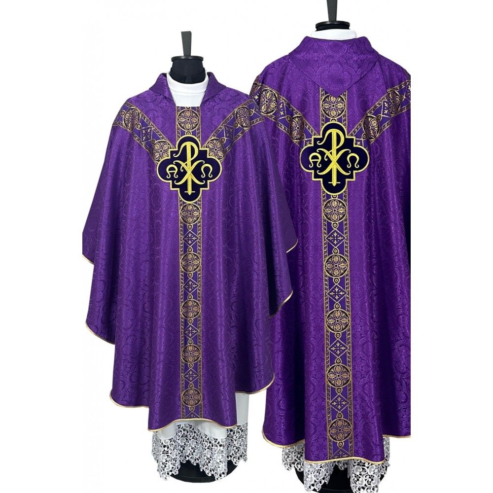 Ornat semi gotycki, fioletowy, tkanina żakard, pasy tkane (67K)