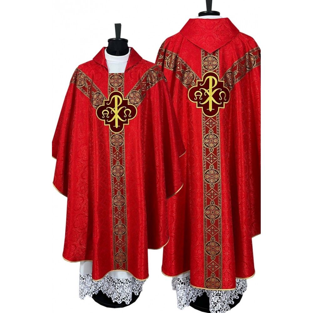 Ornat semi gotycki, czerwony, tkanina żakard, pasy tkane (69K)