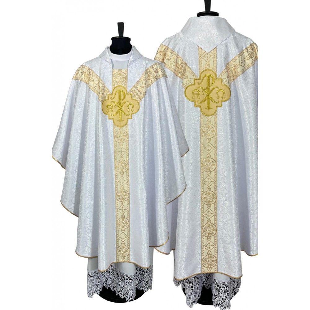 Ornat semi gotycki, biały, tkanina żakard, pasy tkane (70K)