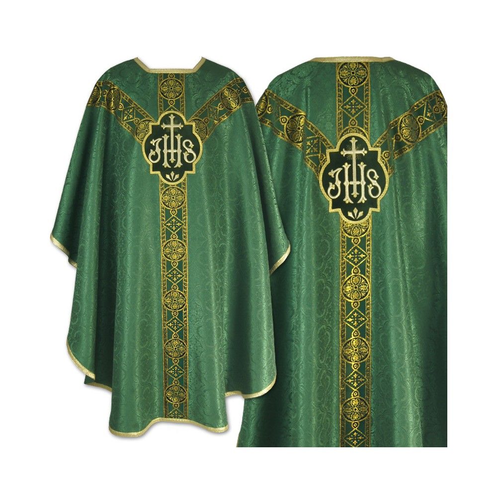 Ornat semi gotycki, zielony, tkanina żakard, pasy tkane (71K)