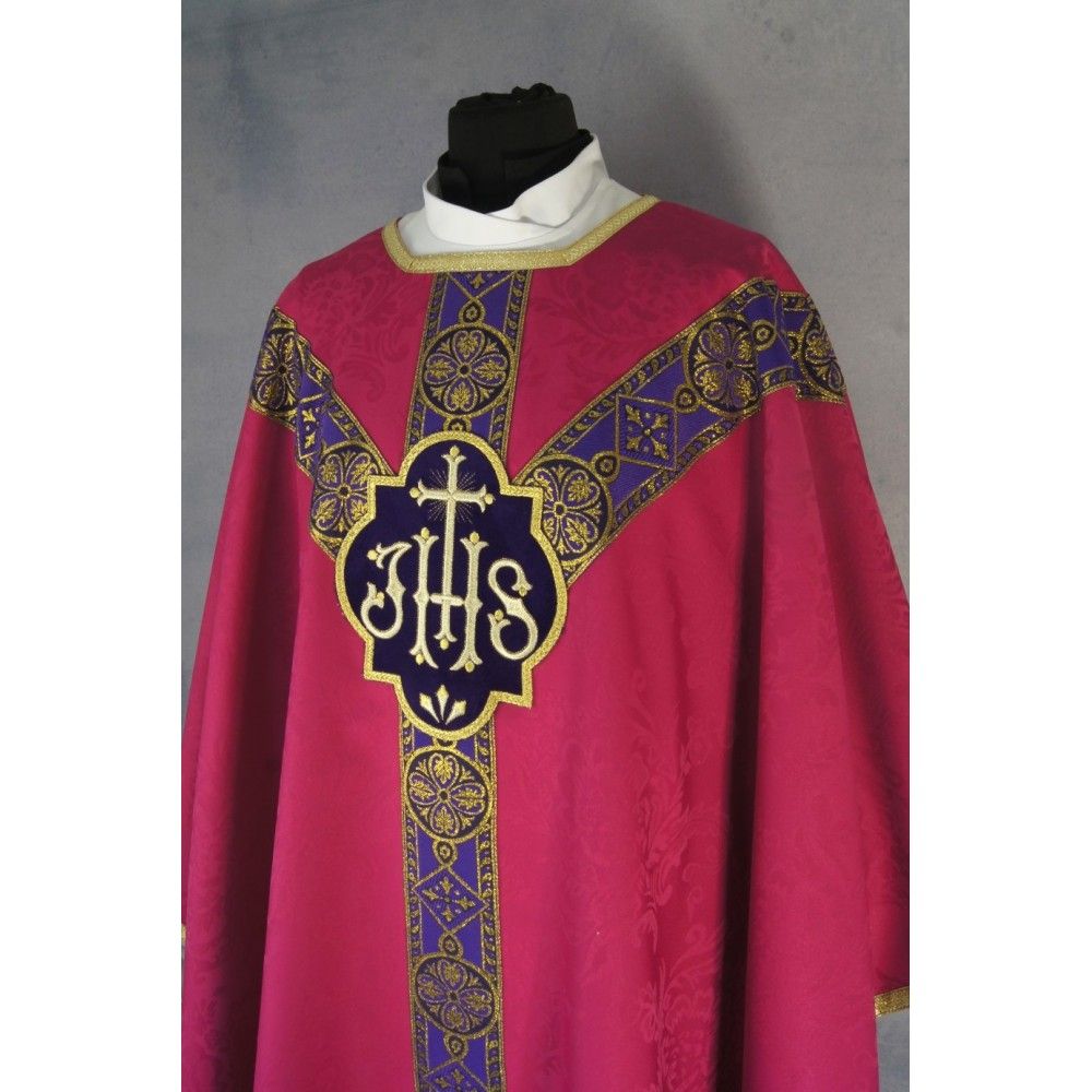 Ornat semi gotycki, różowy, tkanina żakard, pasy tkane (72K) - zdjęcie 2 - Ornat semi gotycki, różowy, tkanina żakard, pasy tkane (72K)