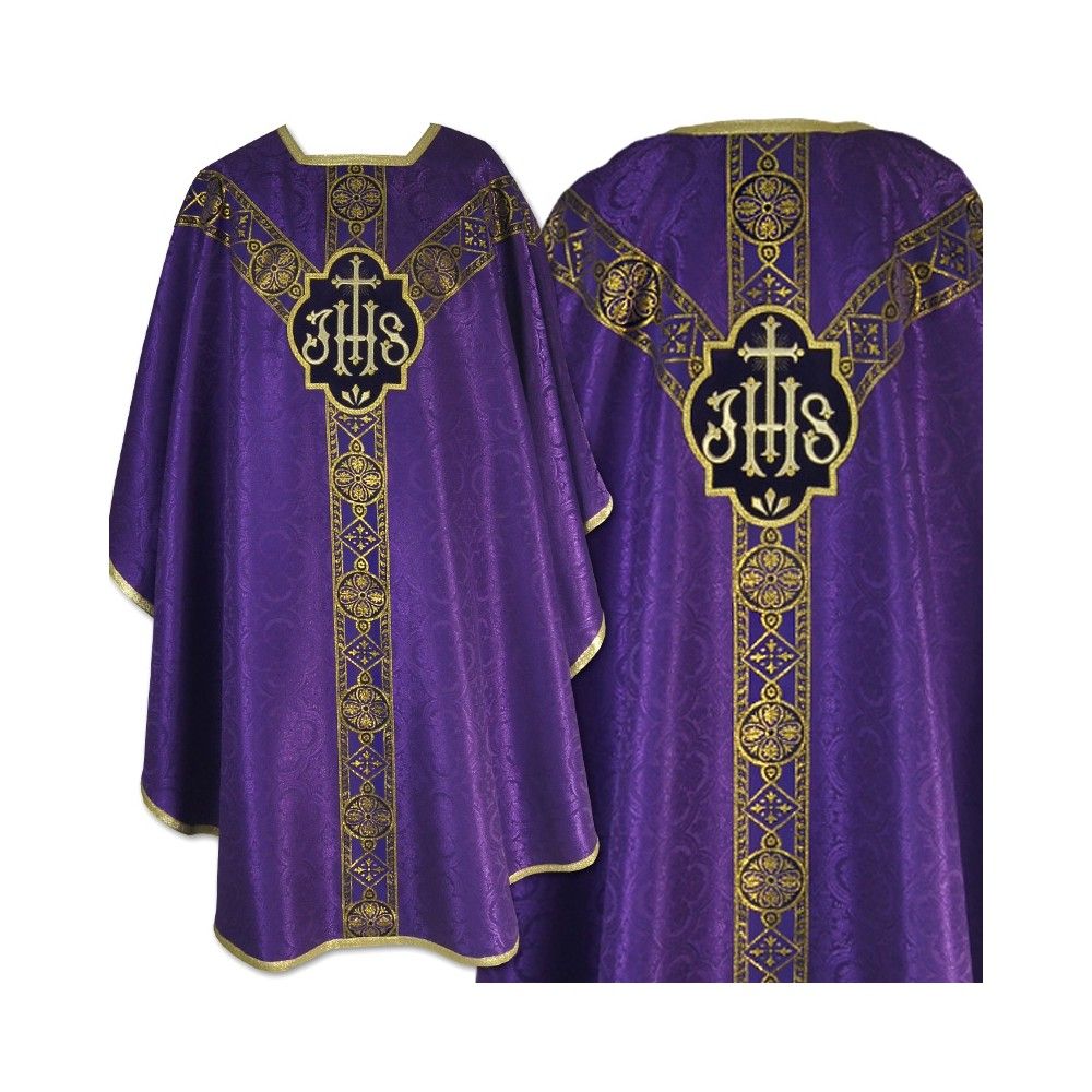 Ornat semi gotycki, fioletowy, tkanina żakard, pasy tkane (73K)