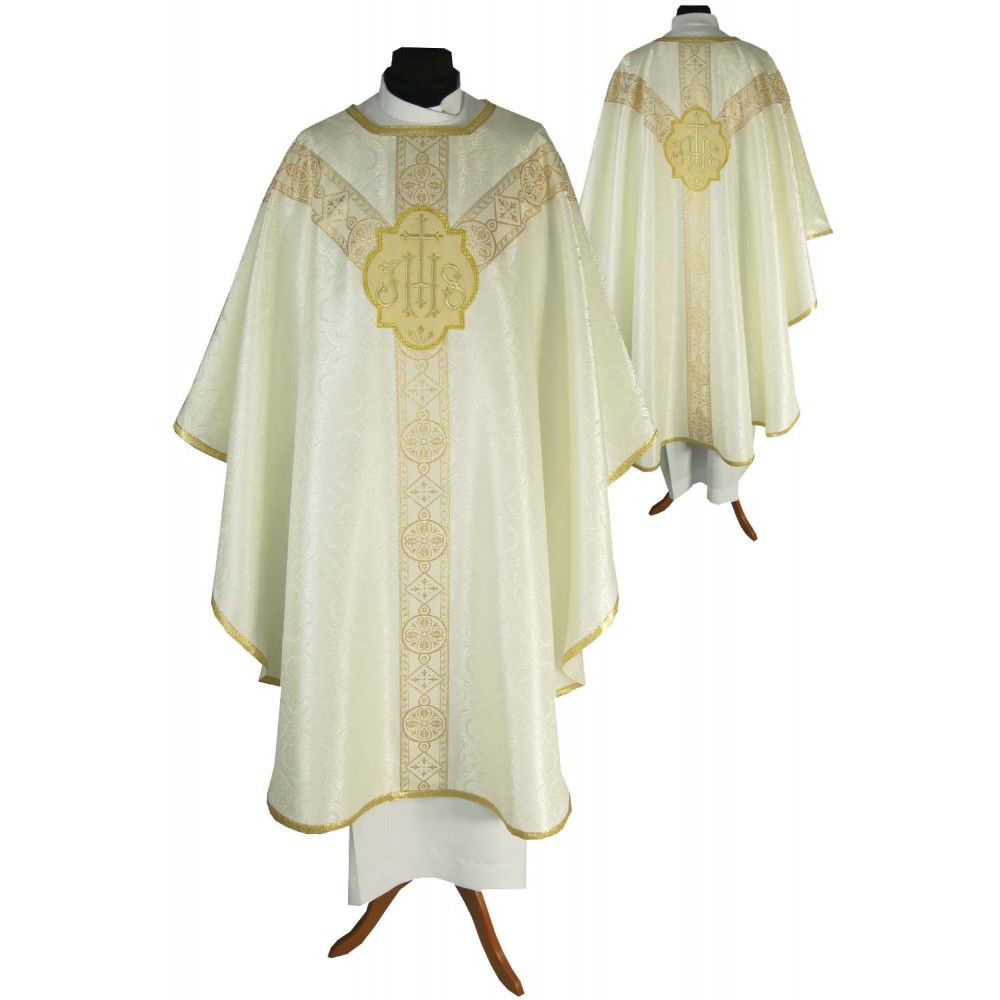 Ornat semi gotycki, ecru, tkanina żakard, pasy tkane (74K)