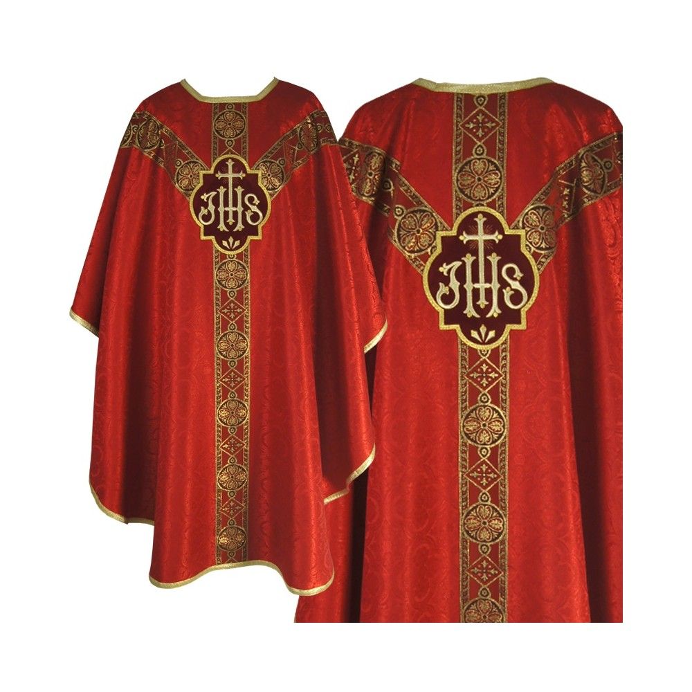 Ornat semi gotycki, czerwony, tkanina żakard, pasy tkane (75K)