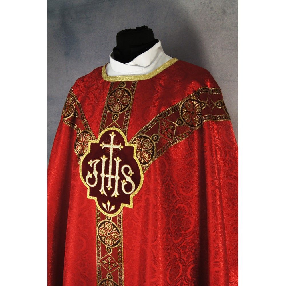 Ornat semi gotycki, czerwony, tkanina żakard, pasy tkane (75K) - zdjęcie 2 - Ornat semi gotycki, czerwony, tkanina żakard, pasy tkane (75K)