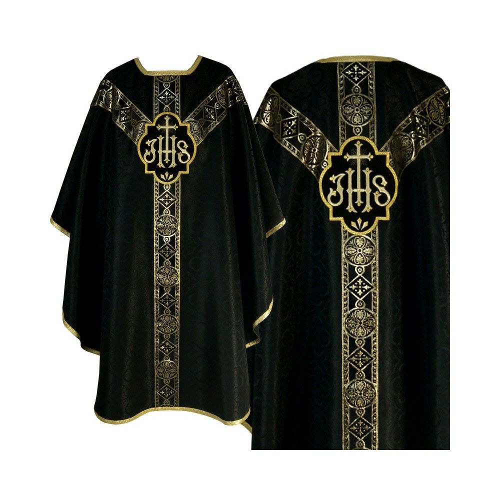 Ornat semi gotycki, czarny, tkanina żakard, pasy tkane (76K)