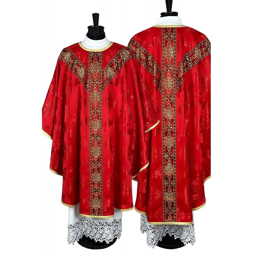 Ornat semi gotycki, czerwony, tkanina żakard, pasy tkane (77K)