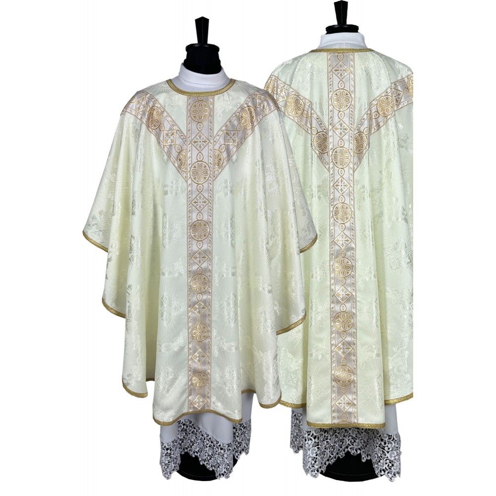 Ornat semi gotycki, ecru, tkanina żakard, pasy tkane (78K)