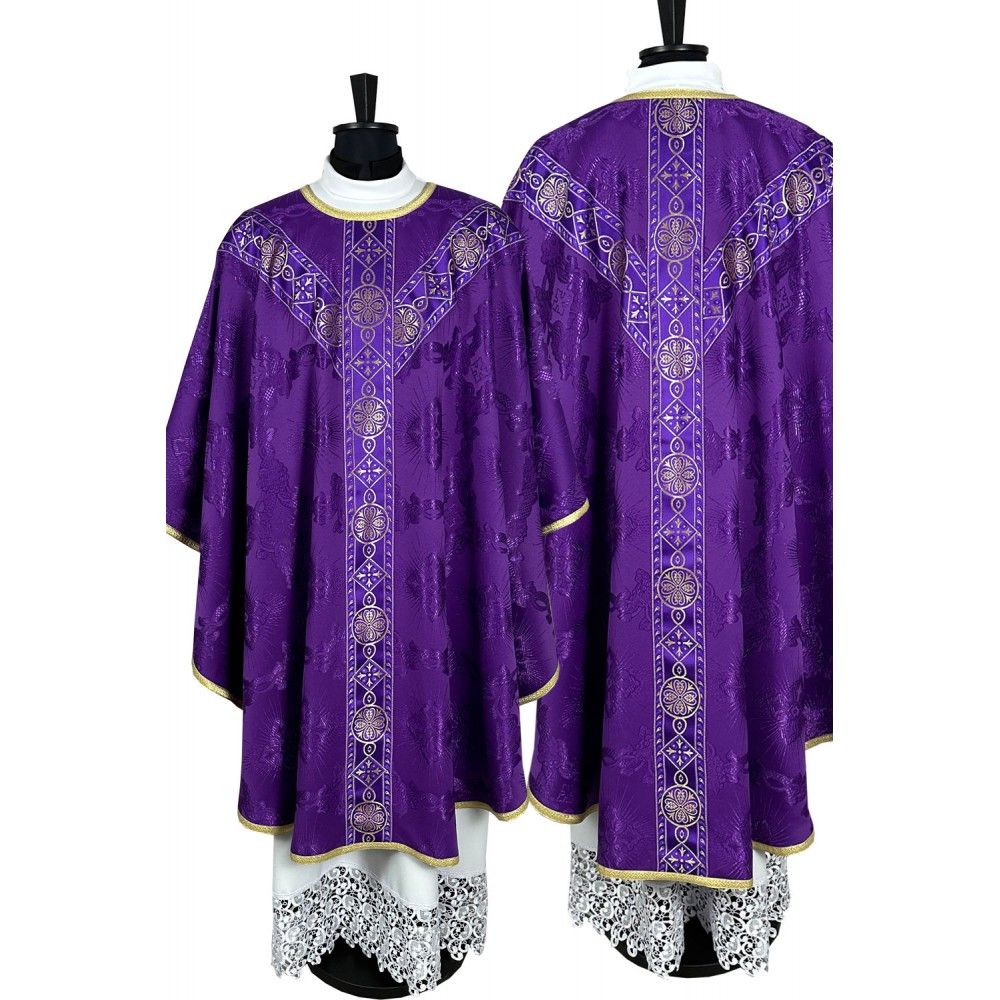 Ornat semi gotycki, fioletowy, tkanina żakard, pasy tkane (79K)