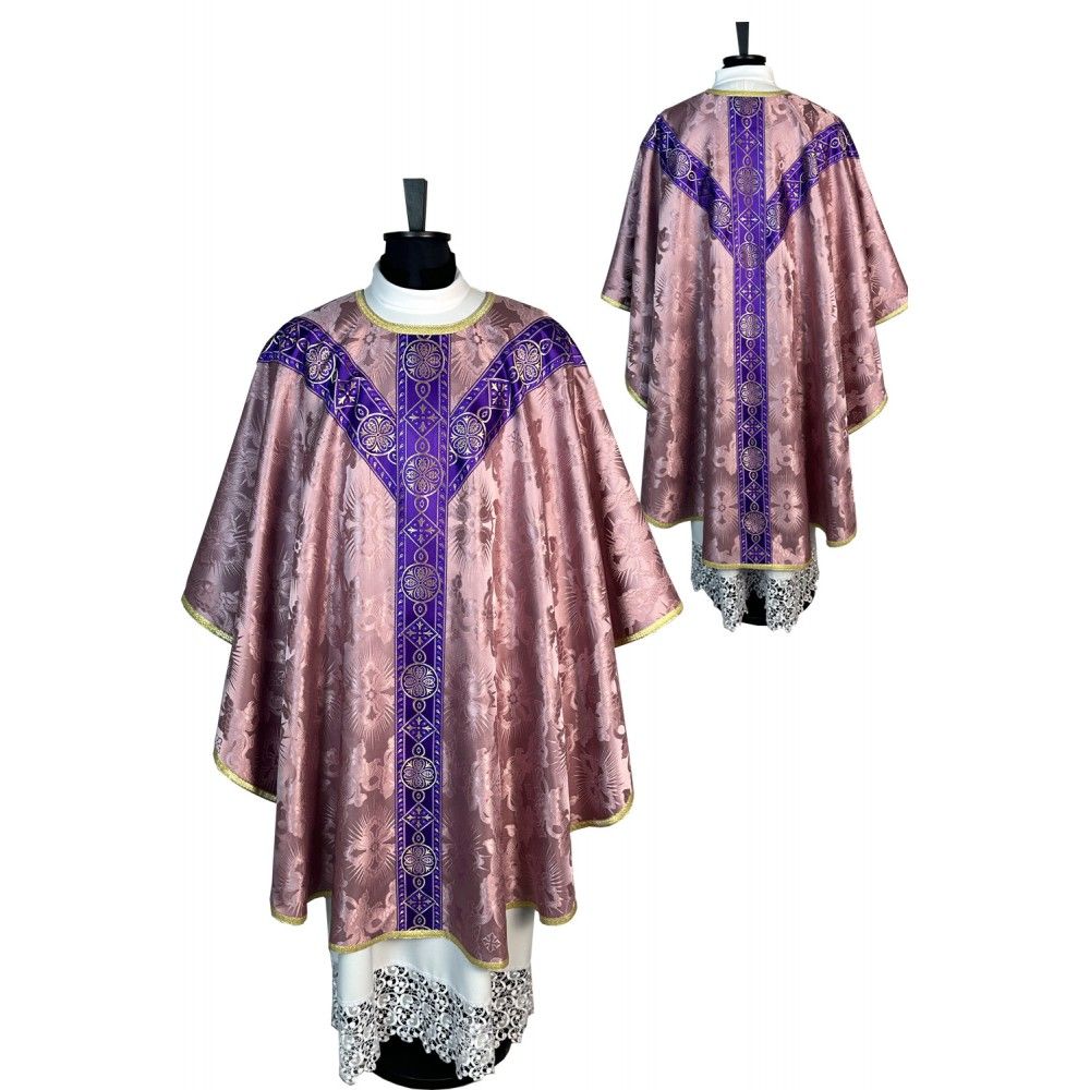 Ornat semi gotycki, blady róż, tkanina żakard, pasy tkane (81K)