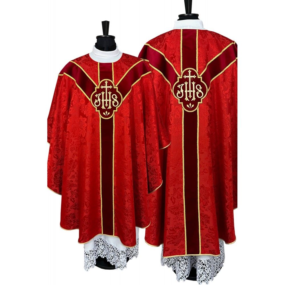Ornat semi gotycki + stuła, kolor czerwony, aksamitny pas (82K)