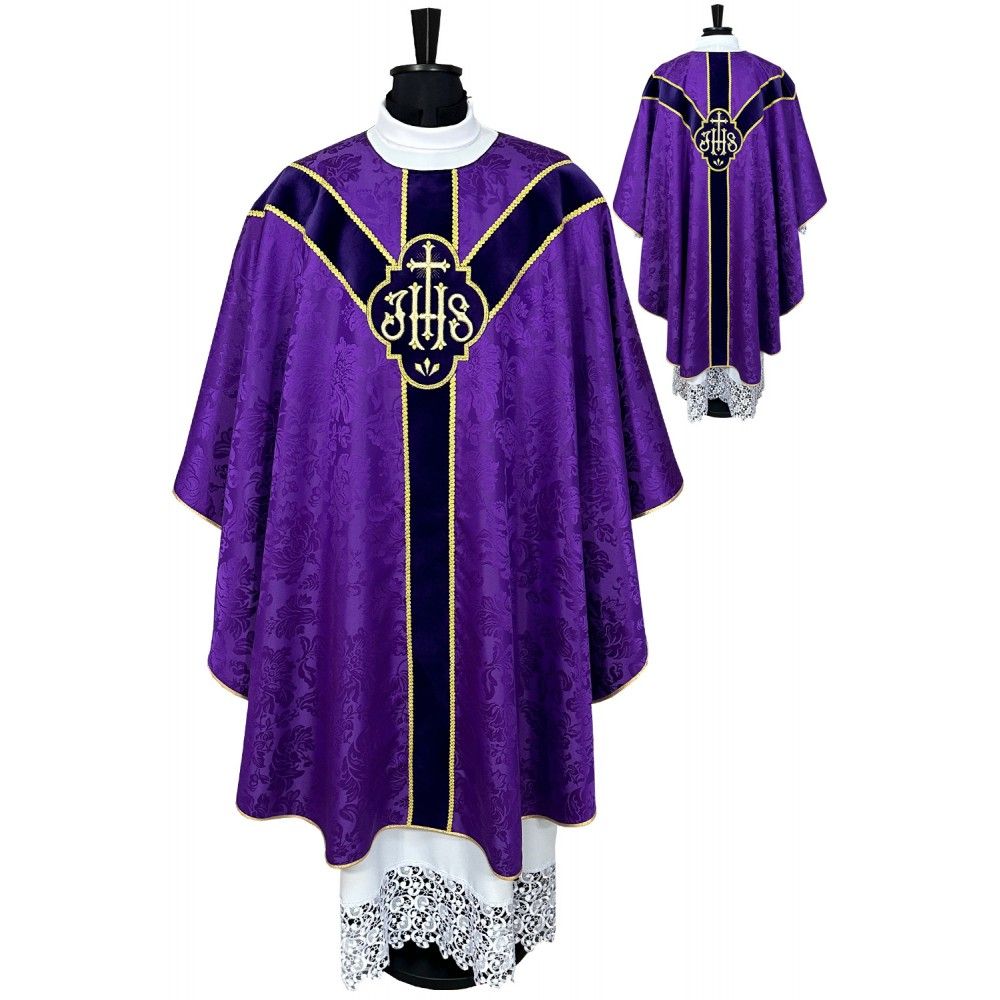 Ornat semi gotycki + stuła, kolor fioletowy, aksamitny pas (83K)