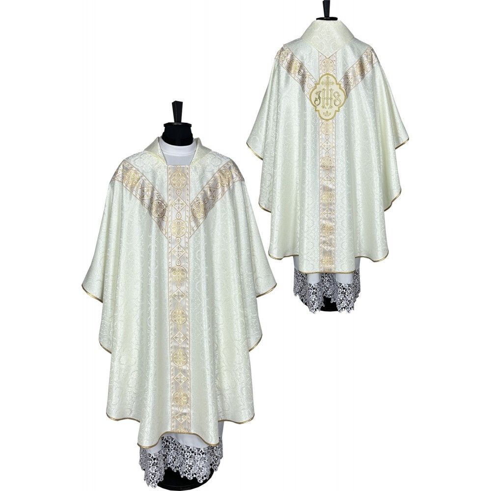 Ornat semi gotycki, ecru, tkanina żakard, pasy tkane (85K)