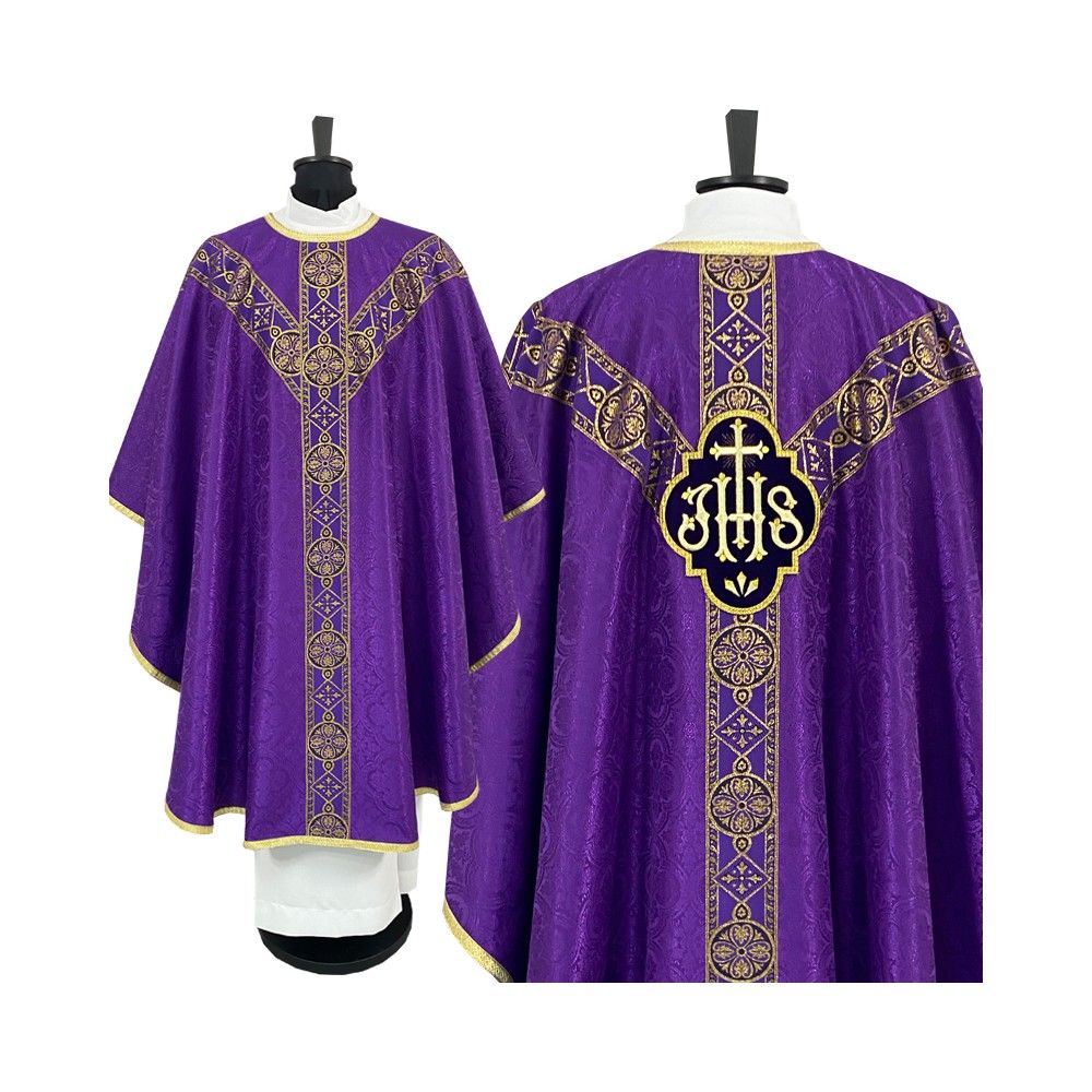 Ornat semi gotycki, fioletowy, tkanina żakard, pasy tkane (86K)