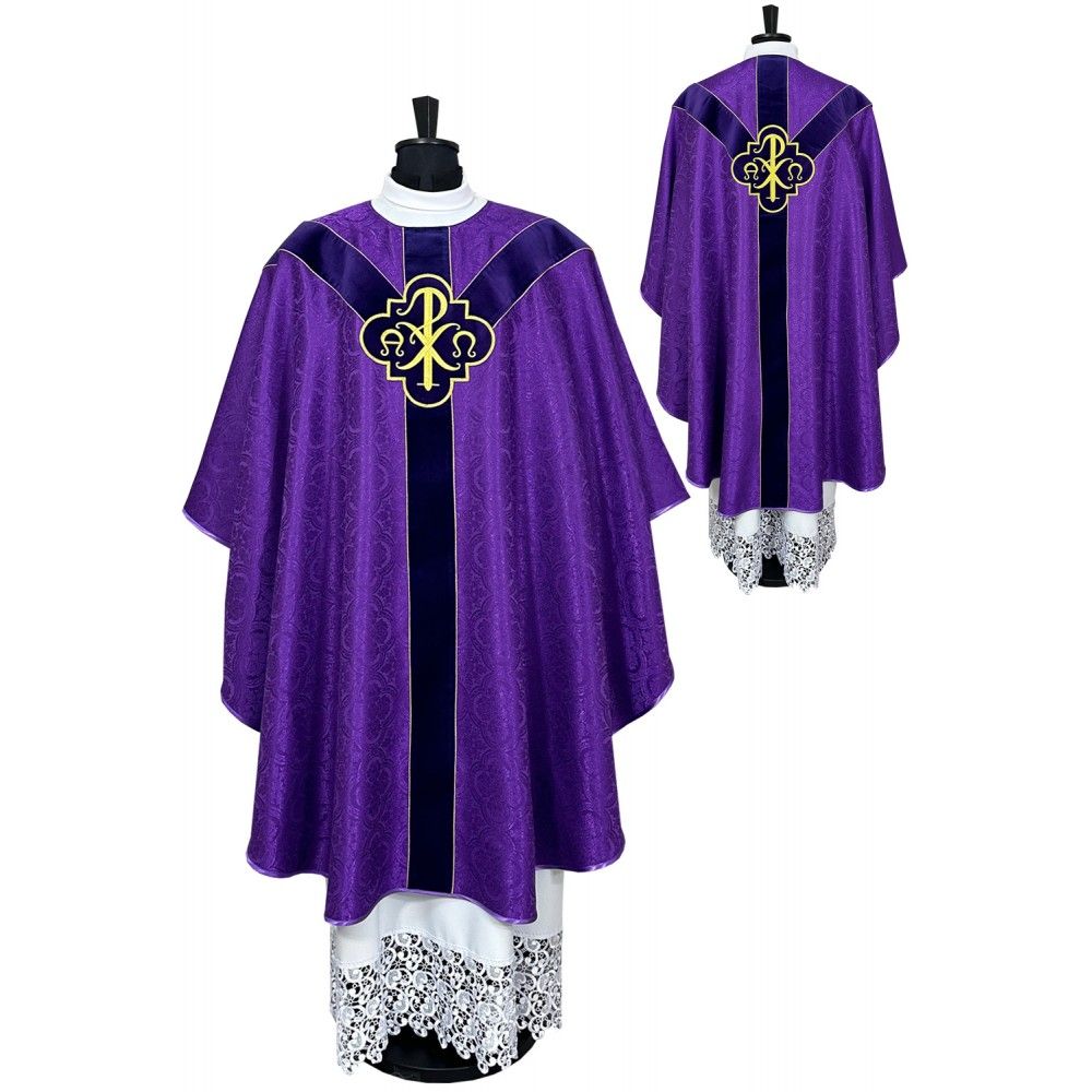 Ornat semi gotycki + stuła, kolor fioletowy, aksamitny pas (87K)