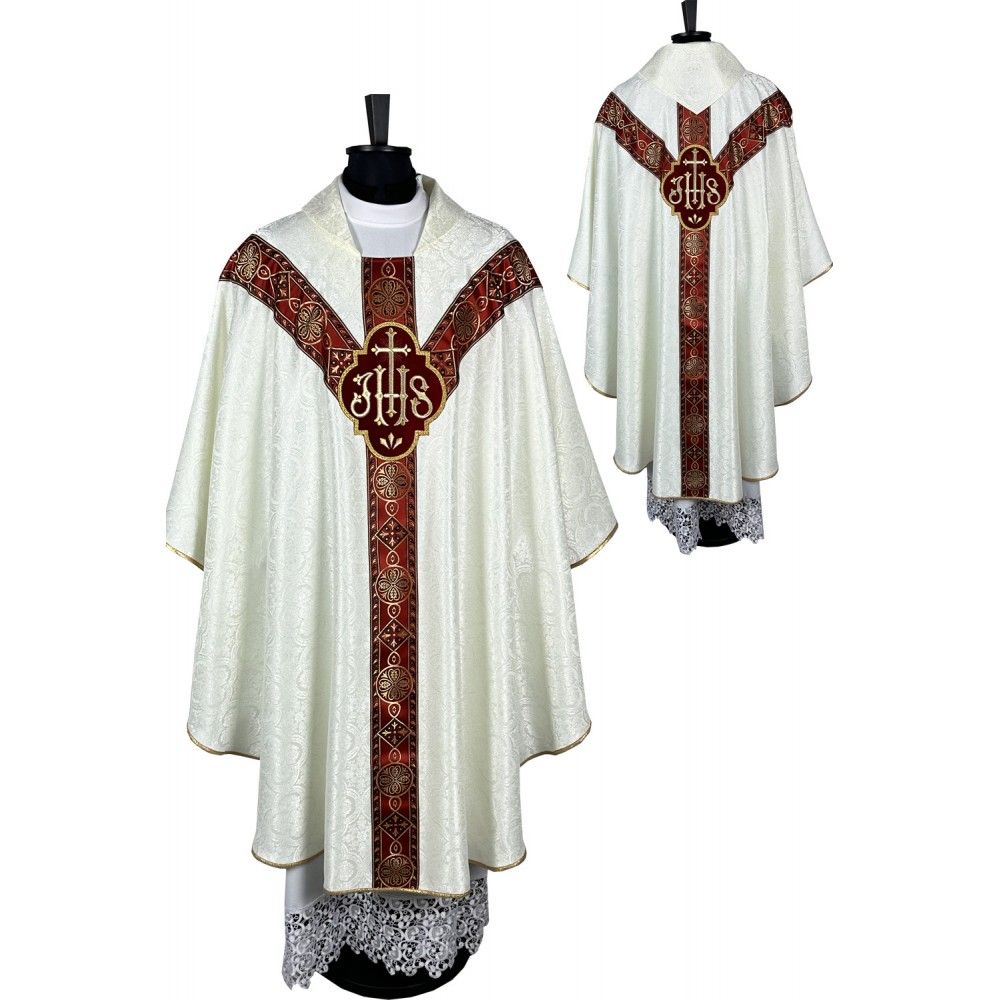 Ornat semi gotycki, ecru, tkanina żakard, pasy tkane (89K)