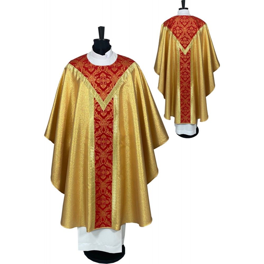 Ornat semi gotycki, tkanina złoty brokat, pasy tkane (93K)