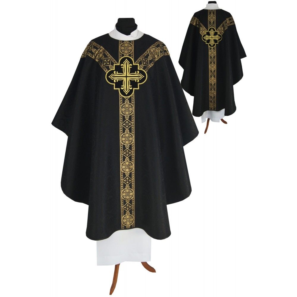 Ornat semi gotycki, czarny, tkanina żakard, pasy tkane (96K)