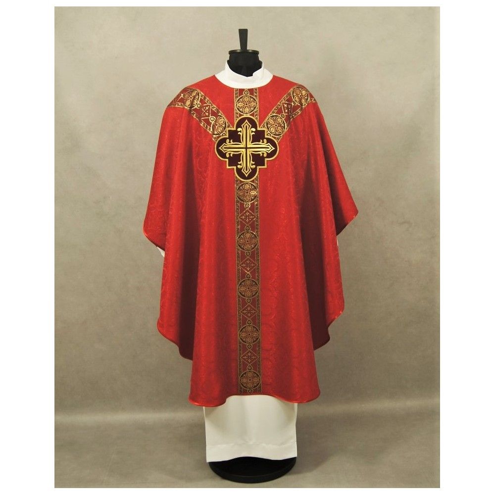 Ornat semi gotycki, czerwony, tkanina żakard, pasy tkane (97K)