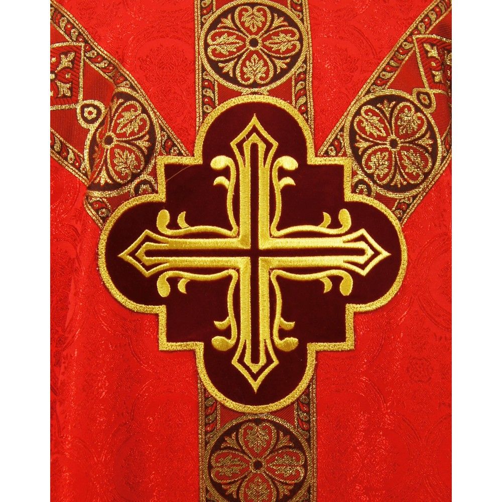 Ornat semi gotycki, czerwony, tkanina żakard, pasy tkane (97K) - zdjęcie 2 - Ornat semi gotycki, czerwony, tkanina żakard, pasy tkane (97K)