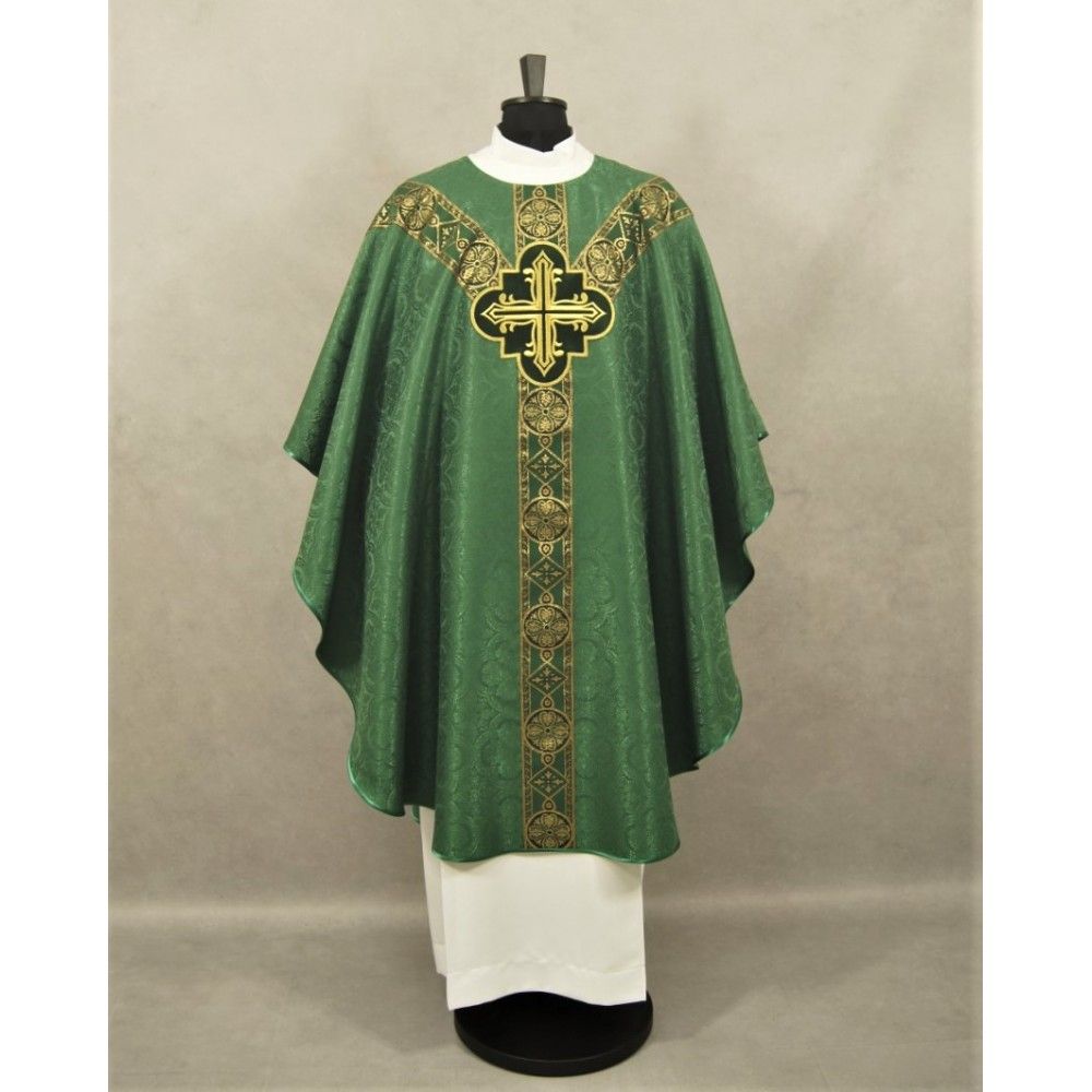 Ornat semi gotycki, zielony, tkanina żakard, pasy tkane (100K)