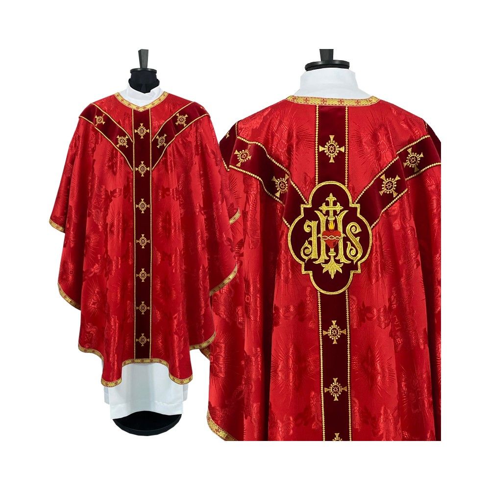 Ornat semi gotycki czerwony + akcesoria, tkanina żakard, pasy aksamit (101K)