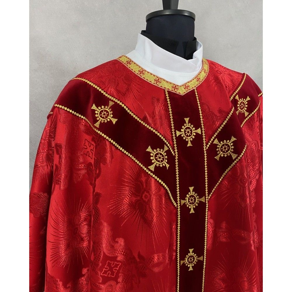 Ornat semi gotycki czerwony + akcesoria, tkanina żakard, pasy aksamit (101K) - zdjęcie 2 - Ornat semi gotycki czerwony + akcesoria, tkanina żakard, pasy aksamit (101K)