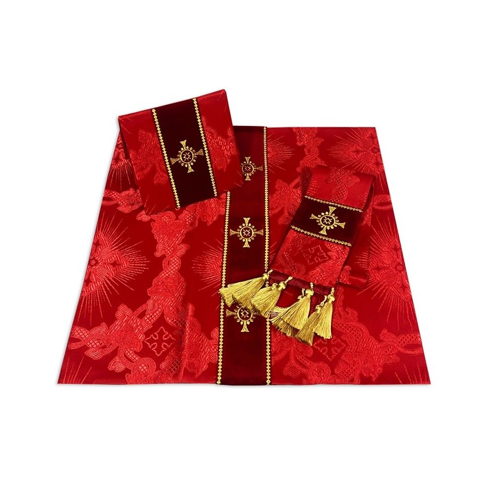 Ornat semi gotycki czerwony + akcesoria, tkanina żakard, pasy aksamit (101K) - zdjęcie 3 - Ornat semi gotycki czerwony + akcesoria, tkanina żakard, pasy aksamit (101K)