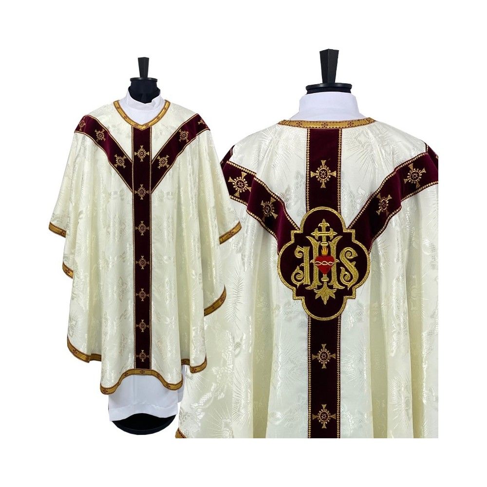 Ornat semi gotycki ecru + akcesoria, tkanina żakard, pasy aksamit (102K)