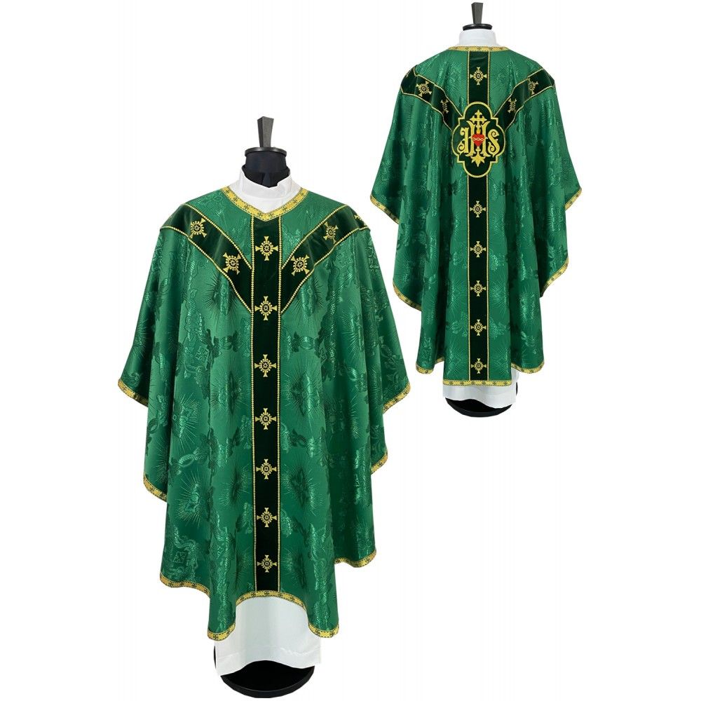 Ornat semi gotycki zielony + akcesoria, tkanina żakard, pasy aksamit (103K)