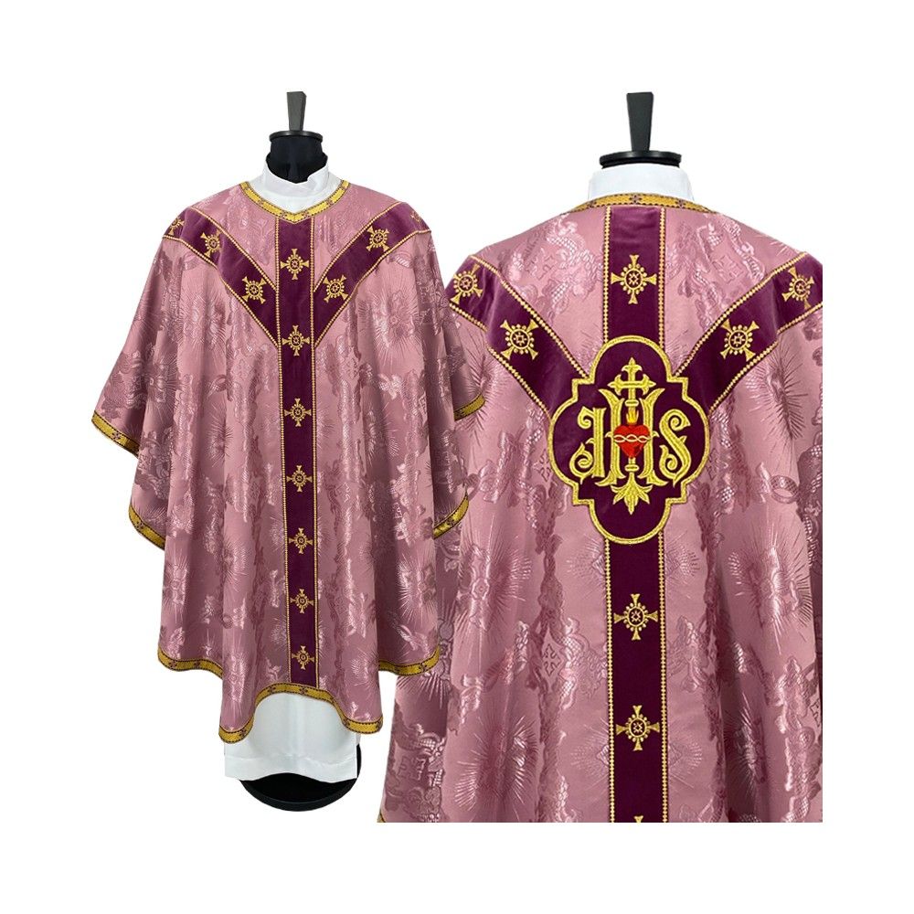 Ornat semi gotycki blady róż + akcesoria, tkanina żakard, pasy aksamit (104K)