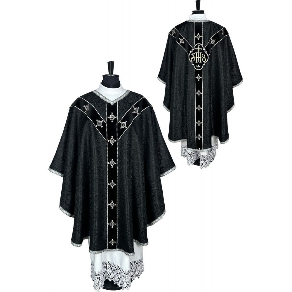 Ornat semi gotycki czarny + akcesoria, tkanina żakard, pasy aksamit (105K)