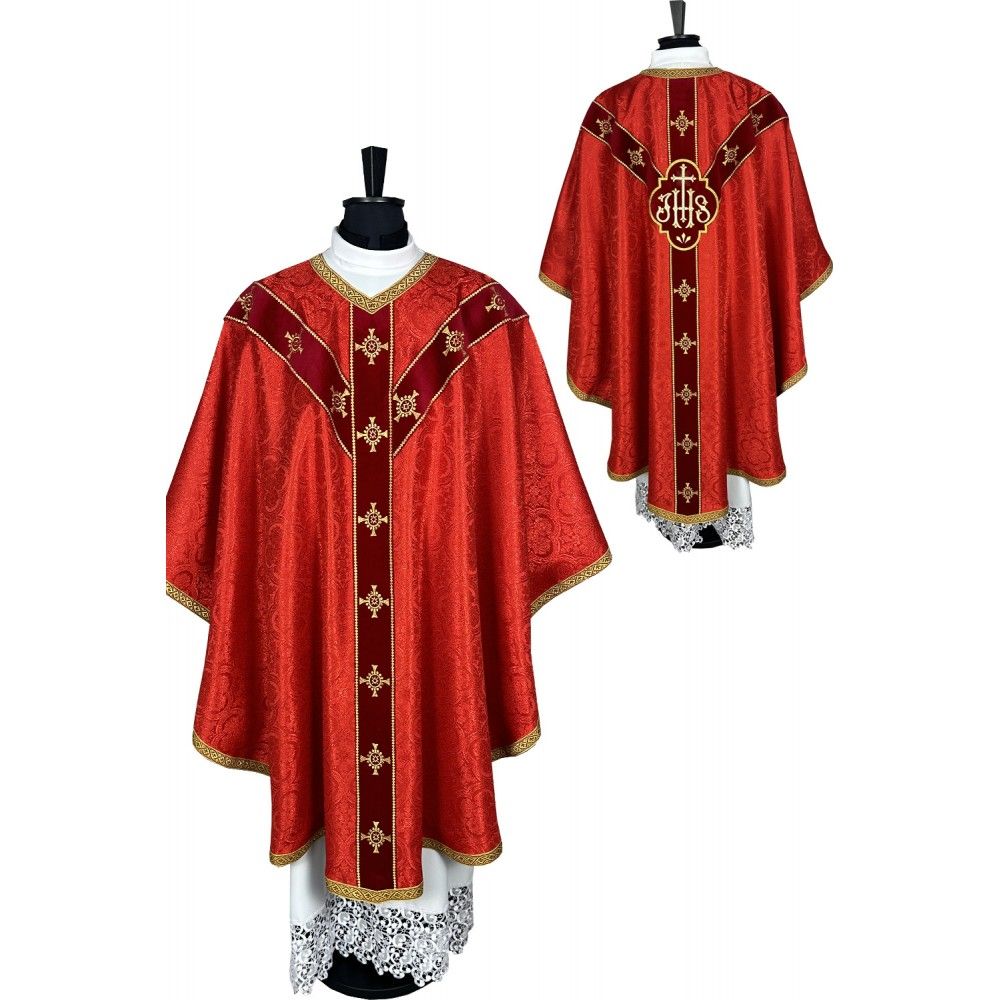 Ornat semi gotycki czerwony + akcesoria, tkanina żakard, pasy aksamit (106K)