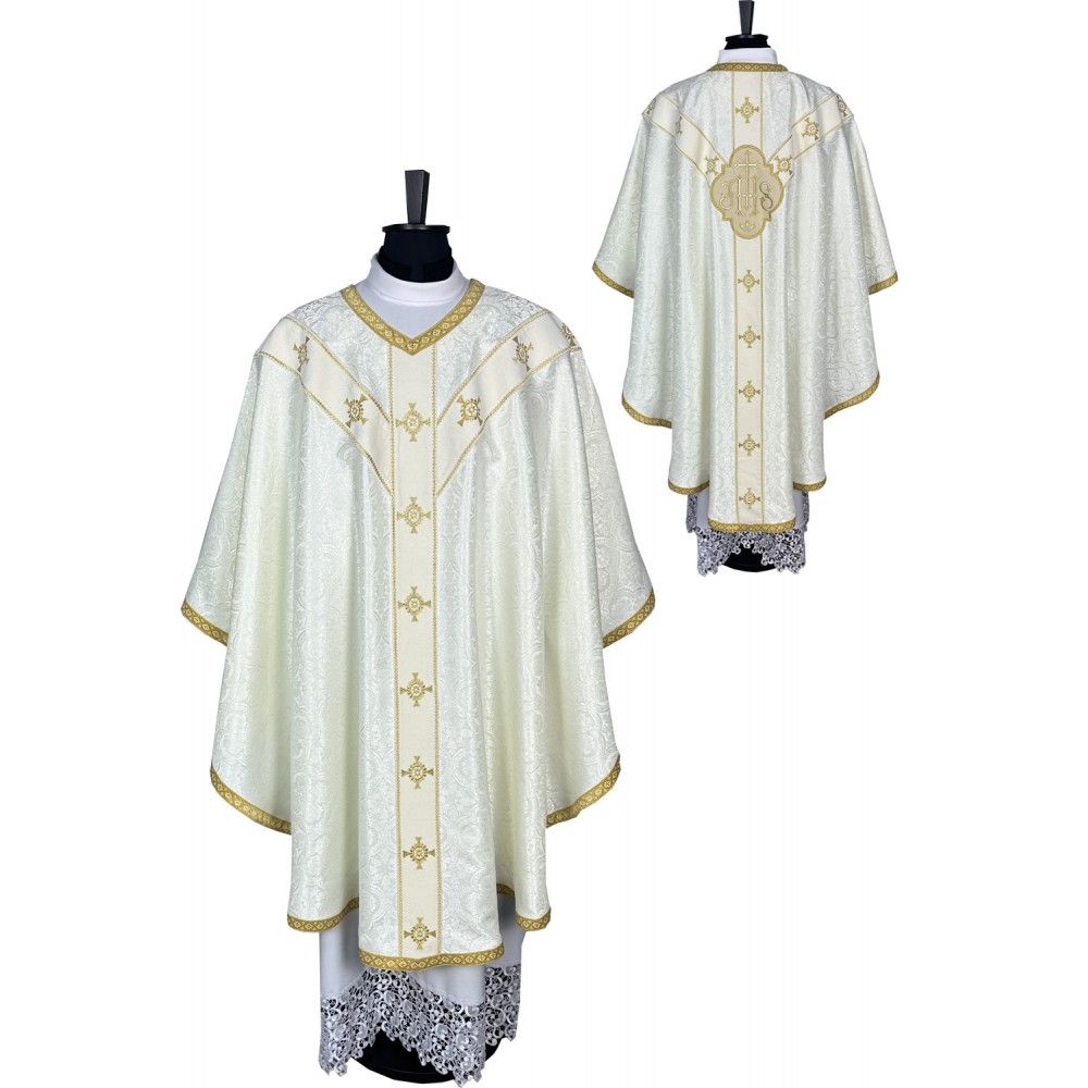 Ornat semi gotycki ecru + akcesoria, tkanina żakard, pasy aksamit (107K)