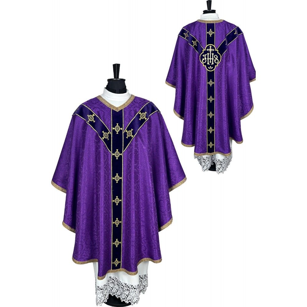 Ornat semi gotycki fioletowy + akcesoria, tkanina żakard, pasy aksamit (108K)