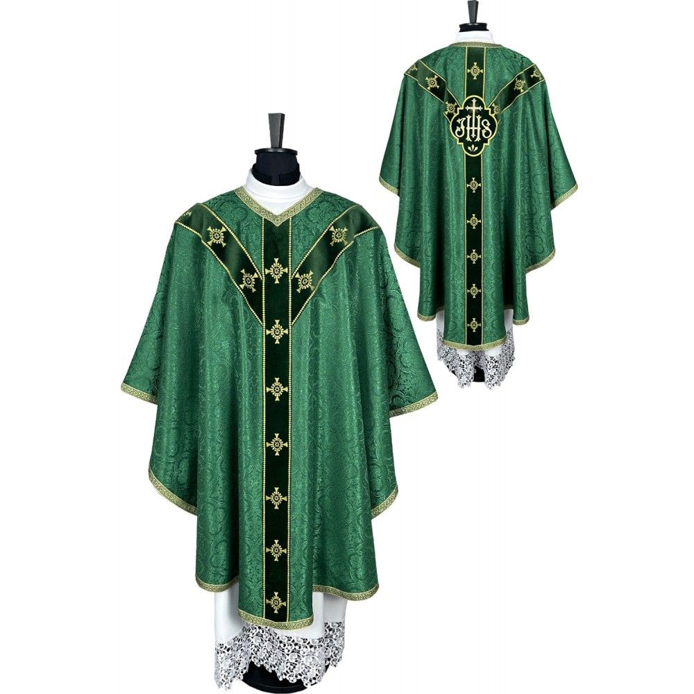 Ornat semi gotycki zielony + akcesoria, tkanina żakard, pasy aksamit (110K)