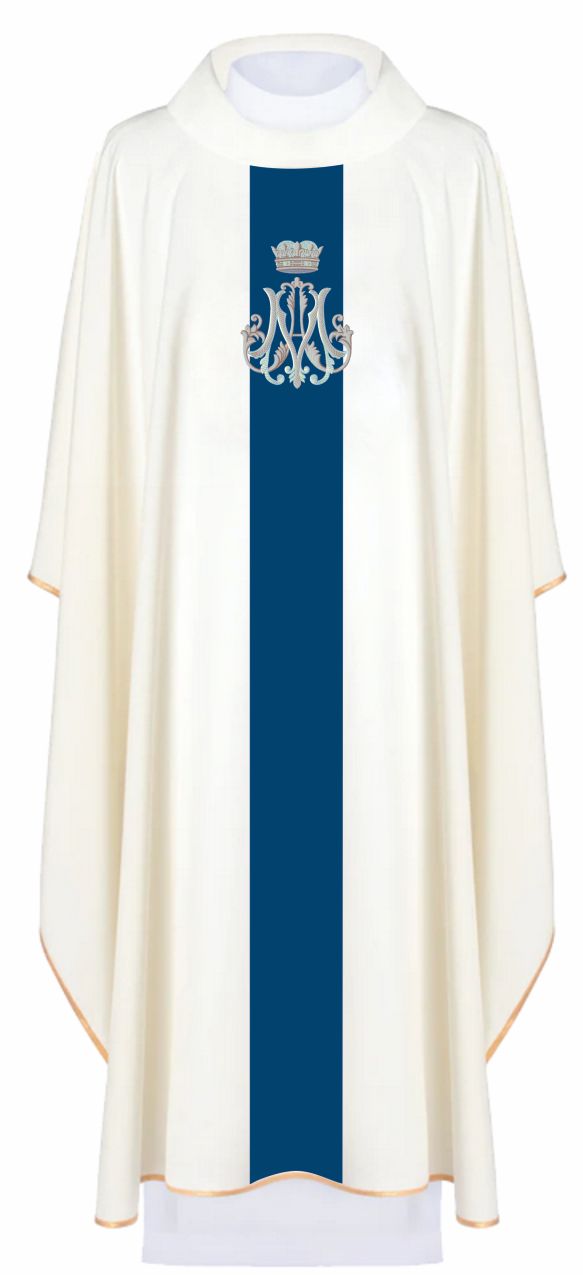 Ornat maryjny haftowany biały, pas aksamit niebieski + stuła (154H)