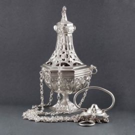 Trybularz mosiężny srebrzony wys. 26 cm