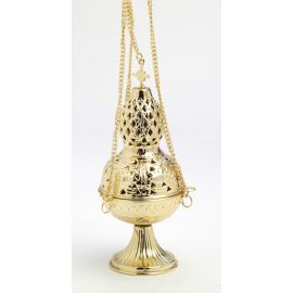Trybularz mosiężny, pozłacany, zdobiony  z krzyżykiem- 26 cm. - zdjęcie 1 - Trybularz mosiężny, pozłacany, zdobiony  z krzyżykiem- 26 cm.