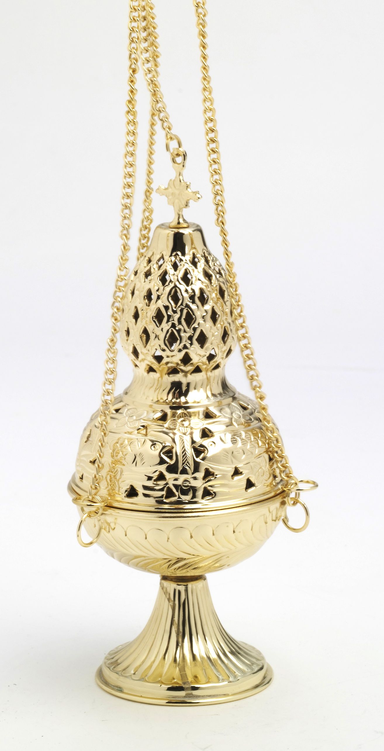 Trybularz mosiężny, pozłacany, zdobiony  z krzyżykiem- 26 cm. - TRYBULARZE, ŁÓDKI - Nowość