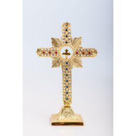 Krzyż stojący nowoczesny, mosiężny, pozłacany - 25 cm - KRZYŻE OŁTARZOWE, PROCESYJNE - Nowość