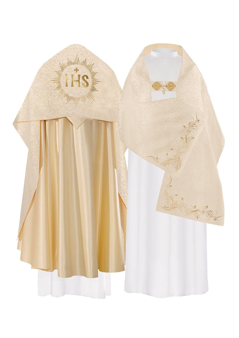 Welon liturgiczny, haftowany IHS - ecru satyna (43)