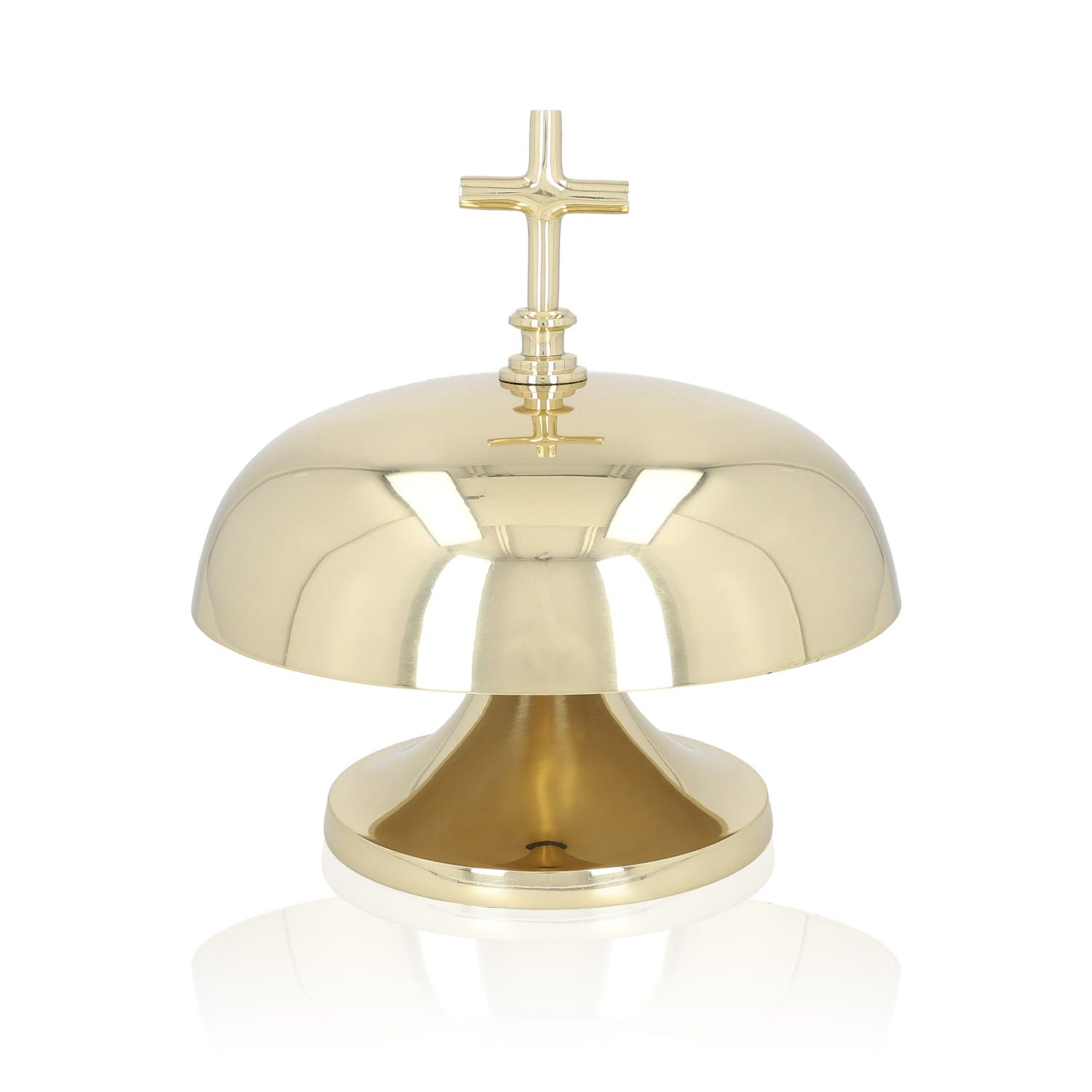 Gong mosiężny, pojedynczy wysokość 20 cm (3) - zdjęcie 3 - Gong mosiężny pojedynczy na stopce o wysokości 20 cm, średnica czaszy 22 cm, z drewnianą pałką, na neutralnym tle.