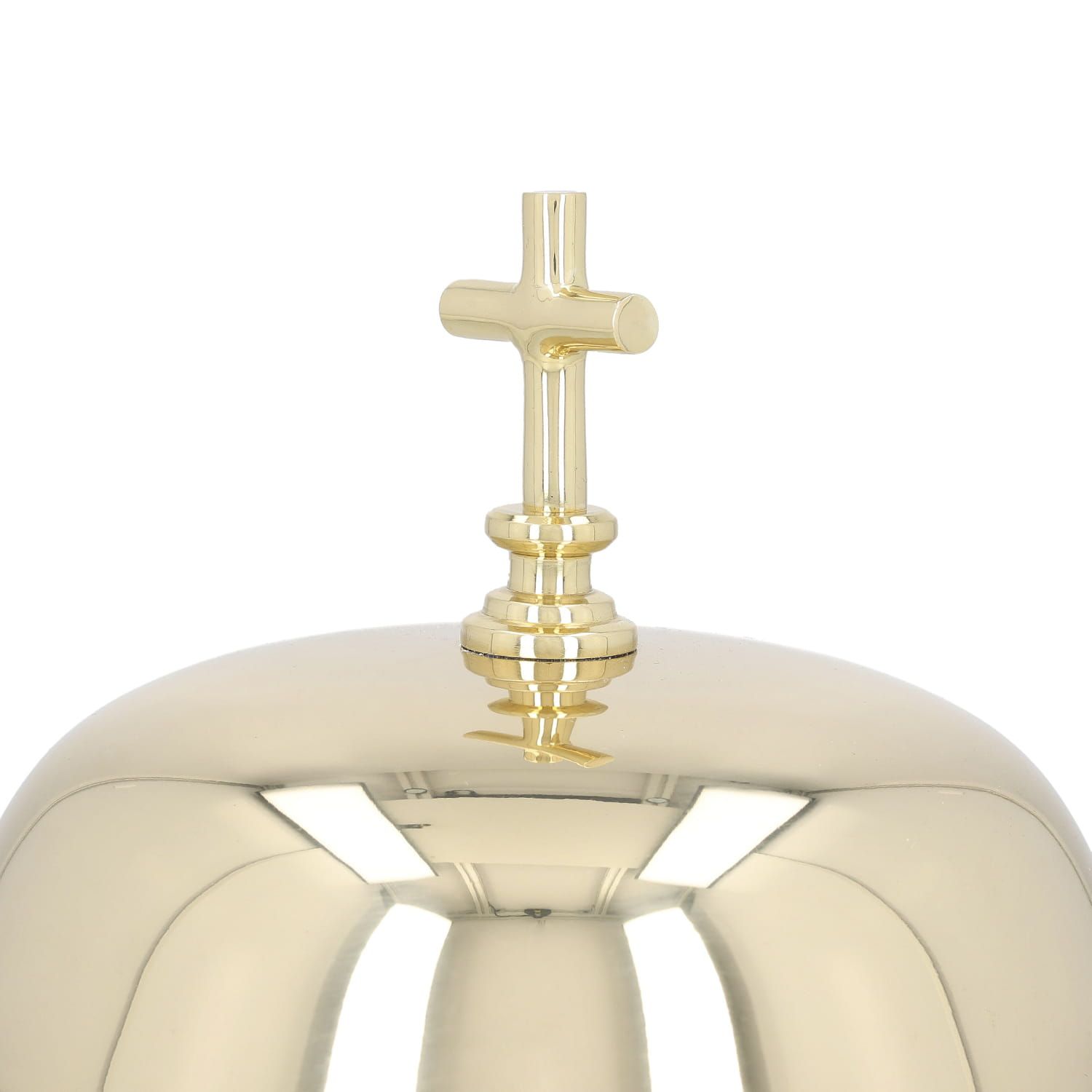 Gong mosiężny, pojedynczy wysokość 20 cm (4) - zdjęcie 2 - Gong mosiężny pojedynczy o wysokości 20 cm i średnicy 18 cm, na stopce, z dołączoną drewnianą pałką, na neutralnym tle.