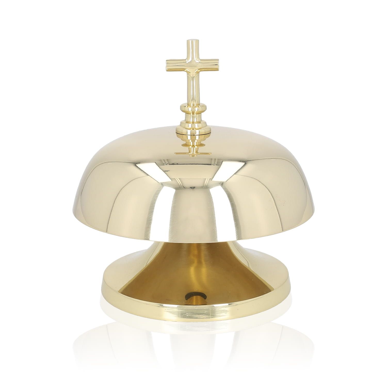 Gong mosiężny, pojedynczy wysokość 20 cm (4) - zdjęcie 3 - Gong mosiężny pojedynczy o wysokości 20 cm i średnicy 18 cm, na stopce, z drewnianą pałką, na białym tle.