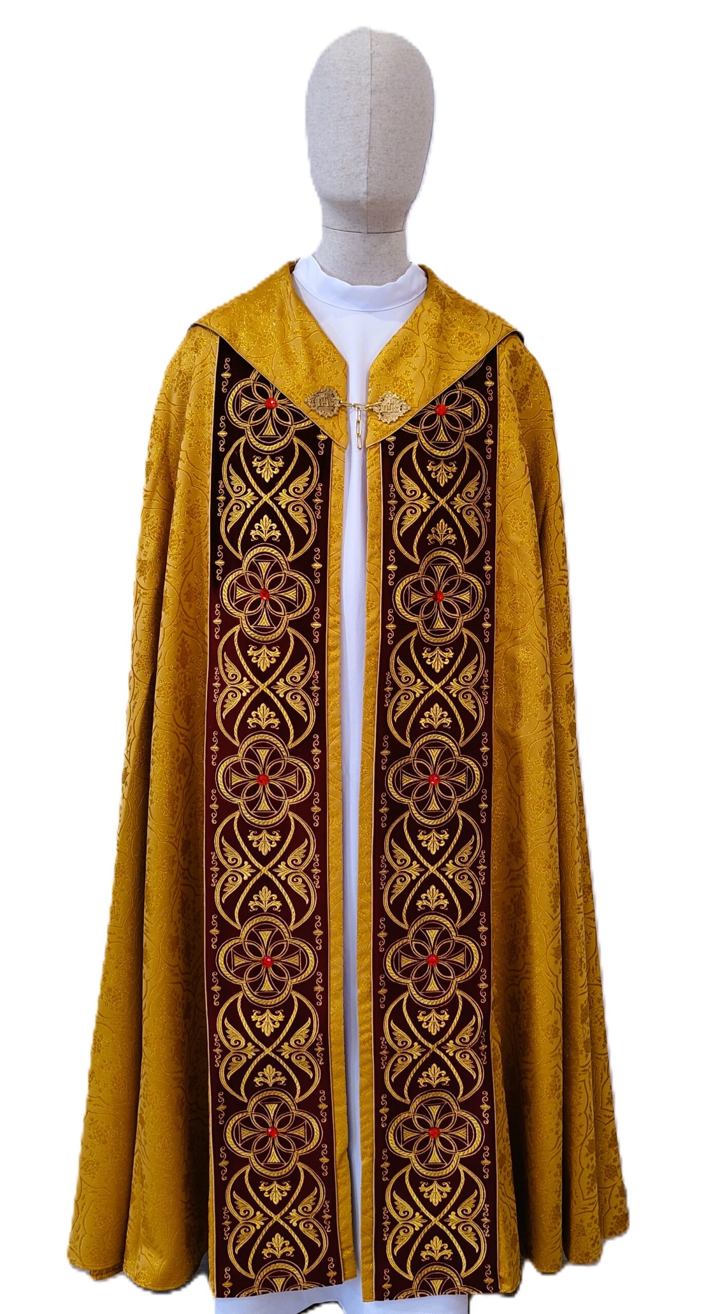 Kapa haftowana, tkanina żakard - ciemne złoto, pasy aksamit - KAPY LITURGICZNE