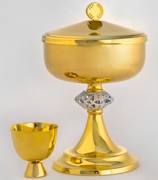 Puszka pod dwiema postaciami - koncelebra, mosiężna, pozłacana 23 cm